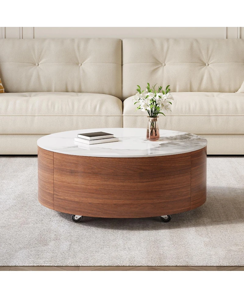Streamdale Furniture Modern Round Movable Coffee Table with Casters, Walnut, 29.5