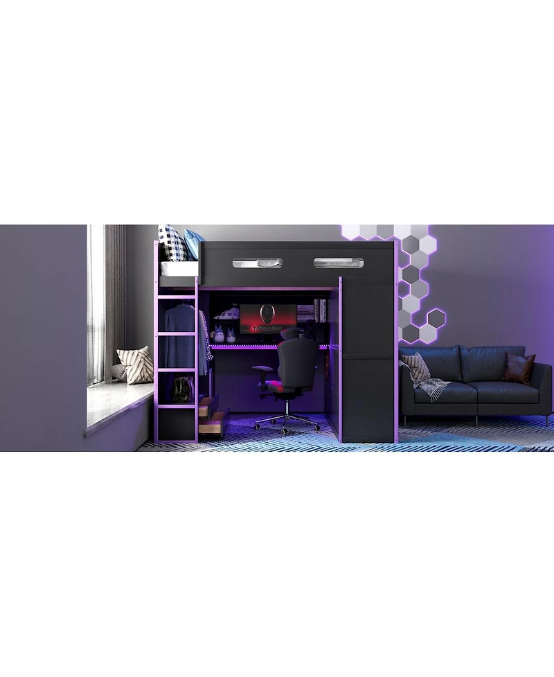 Streamdale Furniture Full Wood Loft Bed with Desk, Wardrobe, Storage, and Rgb Light