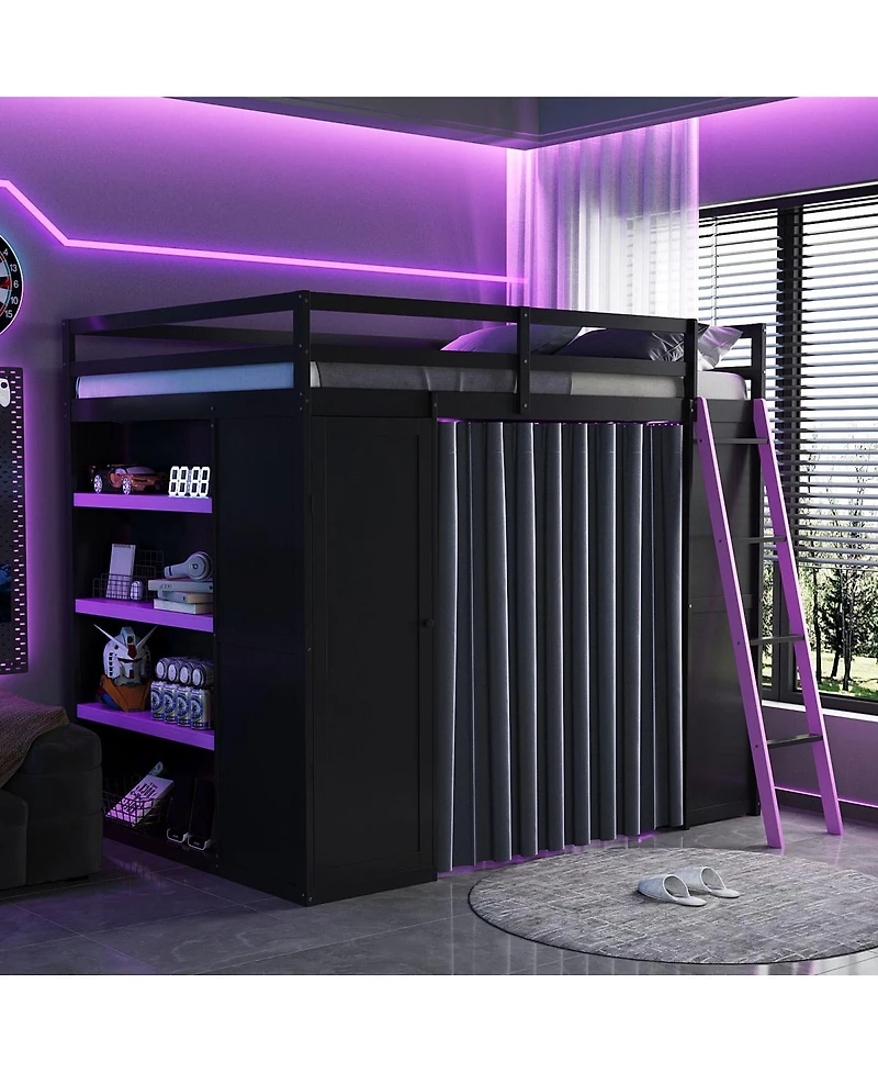 Streamdale Furniture Wood Full Loft Bed with Wardrobe, Shelves, Curtains and Rgb Lights