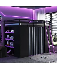 Streamdale Furniture Wood Full Loft Bed with Wardrobe, Shelves, Curtains and Rgb Lights