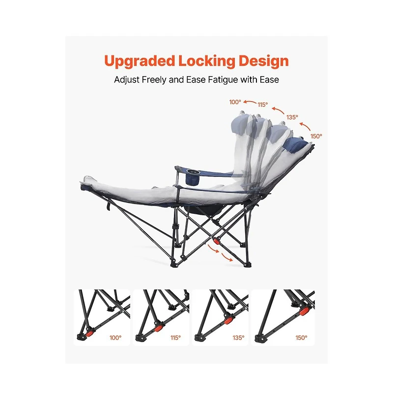 Slickblue Portable Reclining Camping Chair with Cushion, Adjustable Folding Beach Chair with Footrest