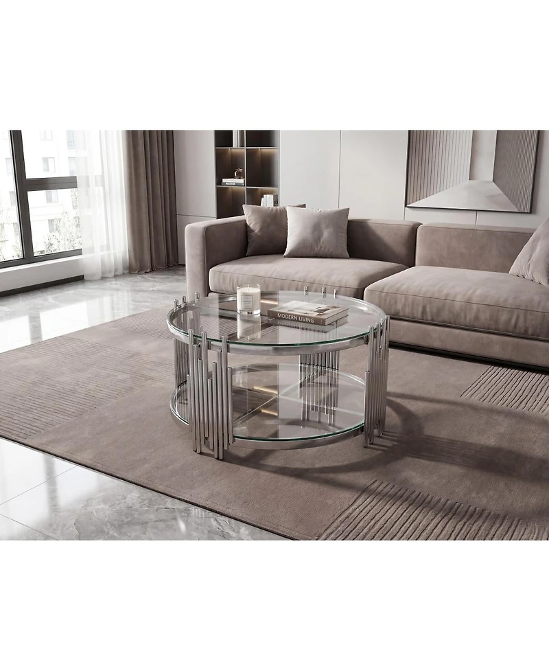 Streamdale Furniture 201 Stainless Steel Double-Layer Tempered Glass Round Coffee Table