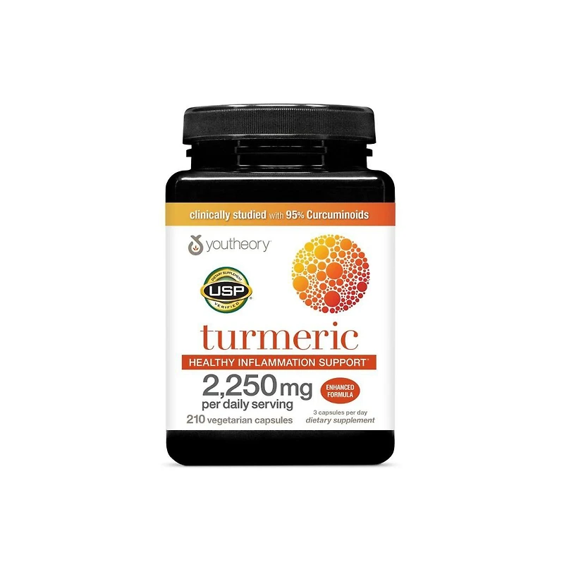 Youtheory Turmeric Extra Strength, 210 Vegetarian Capsules 70 Day Supply, Supplement for Muscle and Brain Health