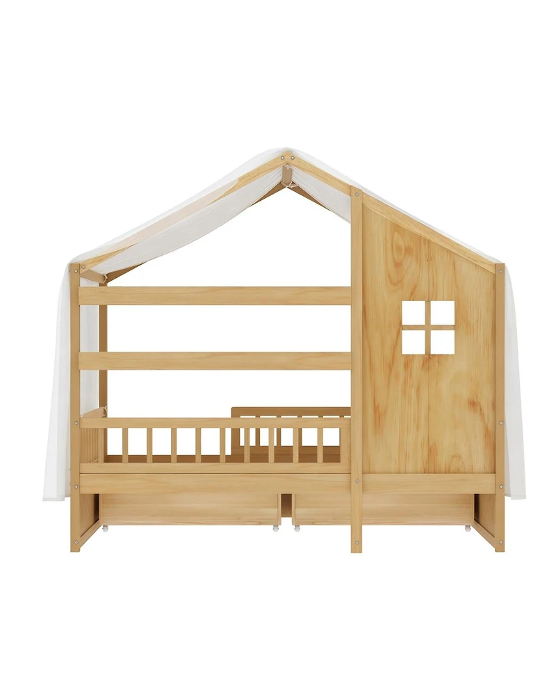 Streamdale Furniture Kids Twin Montessori Floor Bed with Roof, Curtains and Storage Drawers