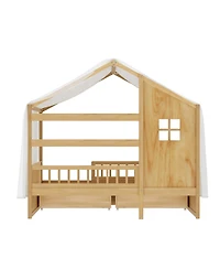 Streamdale Furniture Kids Twin Montessori Floor Bed with Roof, Curtains and Storage Drawers