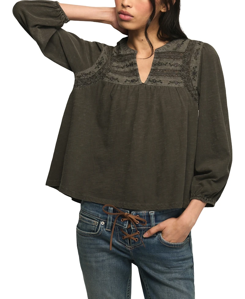 Lucky Brand Women's Trim Mix Knit Lace-Trim Embroidered Peasant Top