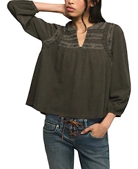 Lucky Brand Women's Trim Mix Knit Lace-Trim Embroidered Peasant Top