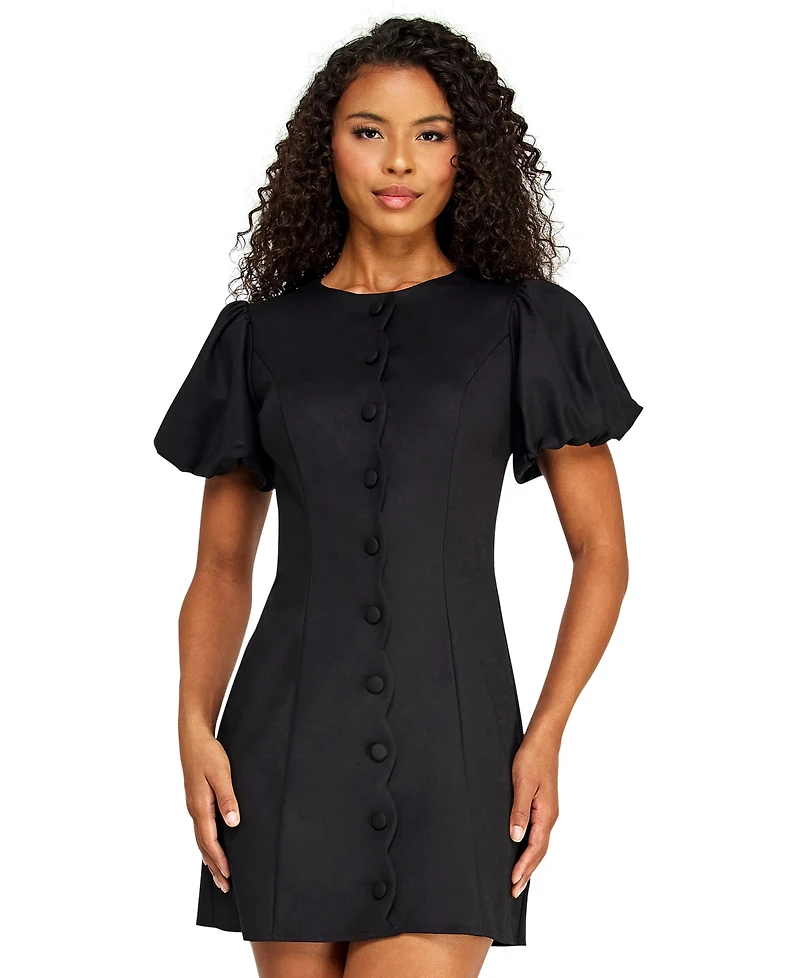 Alex & Sophia Juniors' Crewneck Scallop Button-Front Detail Mini Dress