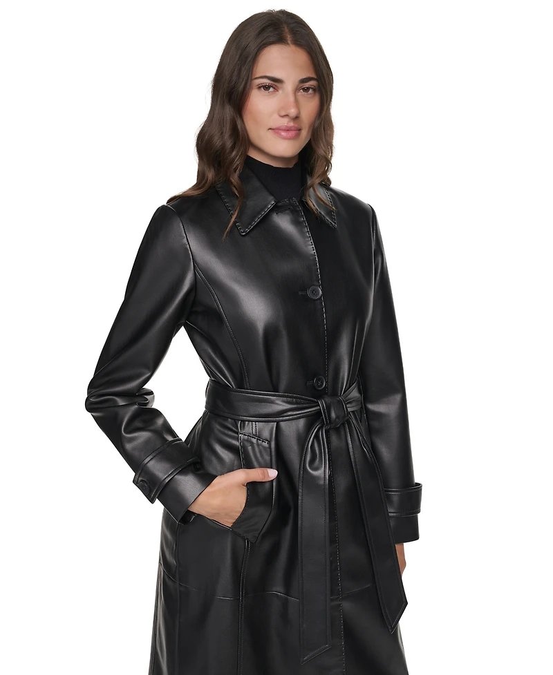 Dkny Women's Belted Long Faux Leather Trench Coat