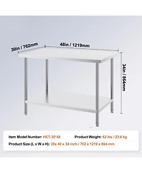 Sugift 30 x 48 Inch Stainless Steel Prep Table with 880 Pound Capacity and 3 Height Levels
