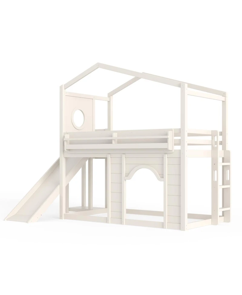 Streamdale Furniture Twin House Loft Bed with Slide, Wardrobe and Bookshelves