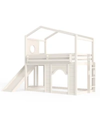Streamdale Furniture Twin House Loft Bed with Slide, Wardrobe and Bookshelves