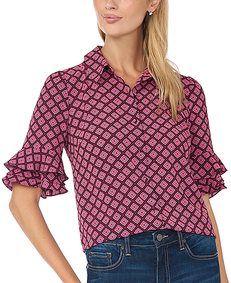 CeCe Women's Collared Button Up With Ruffle Sleeve Opening Geometric-Print Blouse
