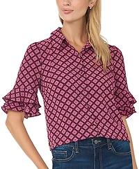 CeCe Women's Collared Button Up With Ruffle Sleeve Opening Geometric-Print Blouse