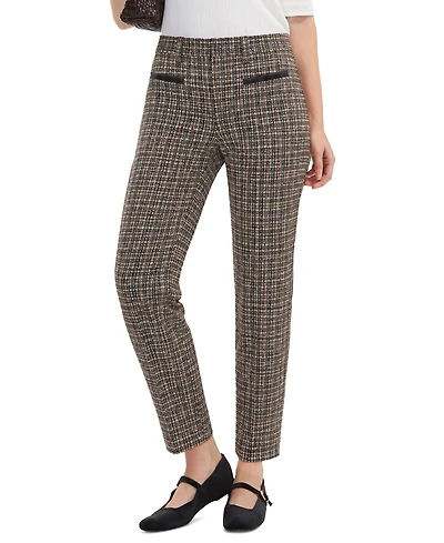 Liverpool Los Angeles Petite Faux-Leather Trim Plaid Straight-Leg Trousers