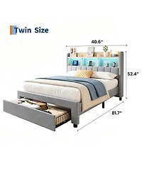 Gaomon Set of 2 Twin Size Platform Bed Frame with Charging Station and Storage Headboard, Heavy Duty, No Box Spring Needed, Easy Assembly