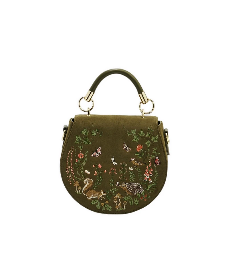 Fable England Charlotte Meadow Scene Embroidered Faux Suede Saddle Bag