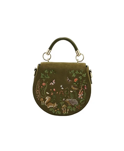 Fable England Charlotte Meadow Scene Embroidered Faux Suede Saddle Bag