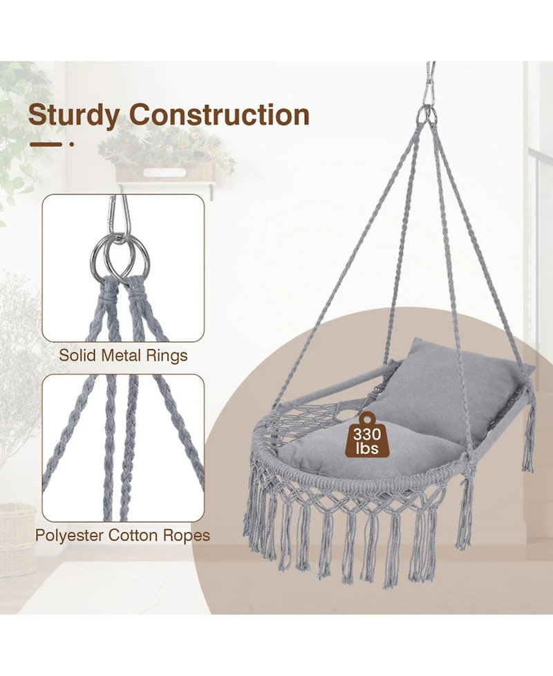Sugift Macrame Hammock Swing Chair with 2 Removable Cushions and Bohemian Fringe
