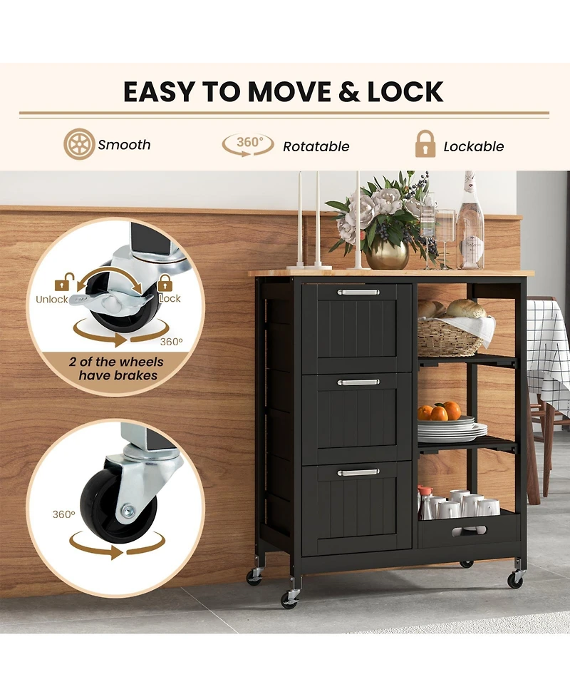 Volenca Rolling Kitchen Island Cart with 3 Drawers, Open Shelves and Casters