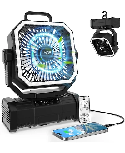 Gaiatop 20000mAh Rechargeable Camping Fan, 4 Speeds, Oscillation, Led Light and 360-Degree Rotating Hook