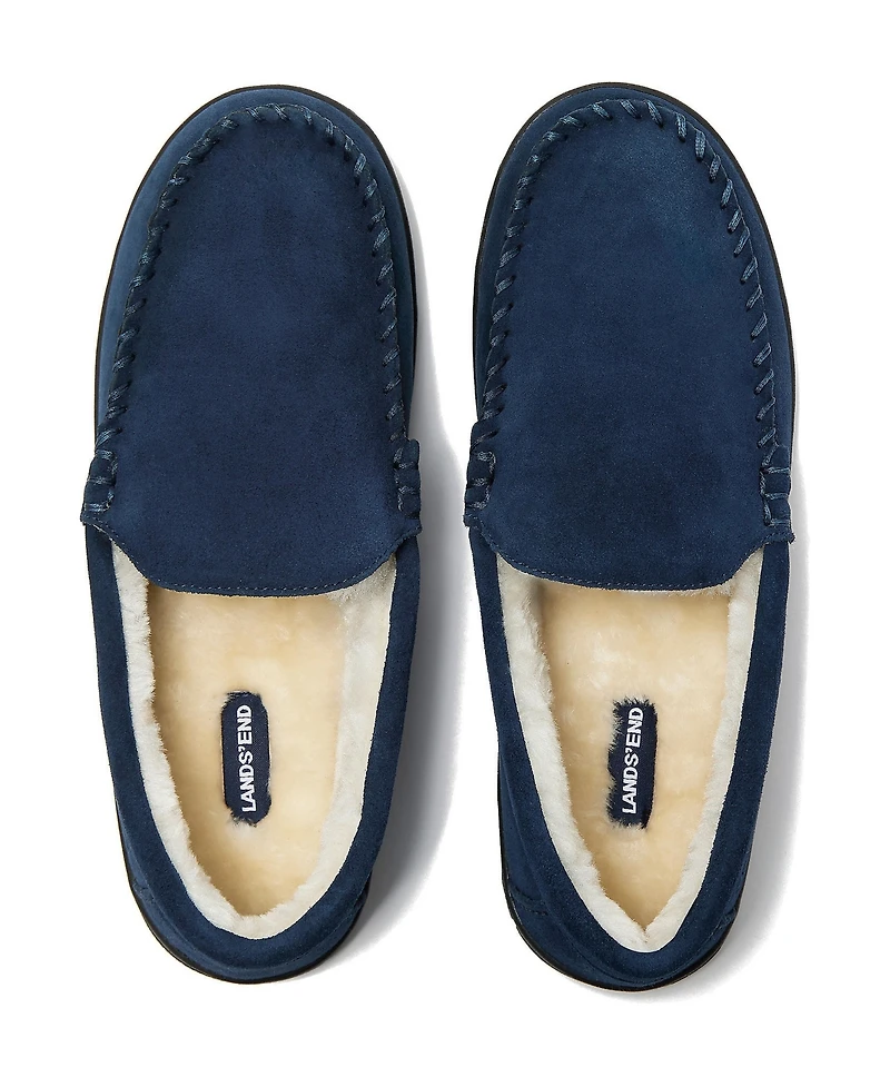 Lands' End Men's Wide Width Suede Fuzzy-Lined Moccasin Slippers