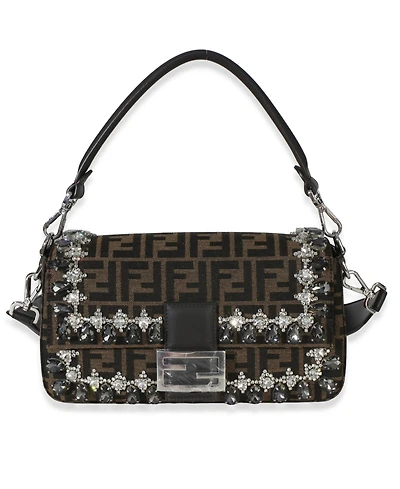 Pre-Owned Fendi Brown Ff Jacquard Strass Crystal Embellished Baguette Bag