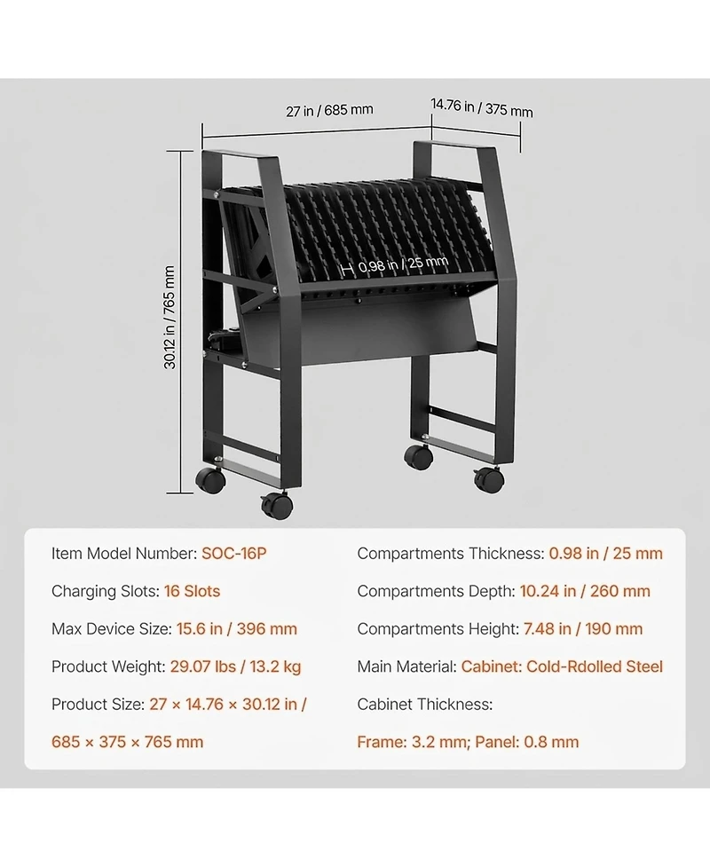 Bestcore 16 Surge-Protected 16-Device Mobile Charging Cart for Laptops, Tablets & Notebooks up to 15.6"