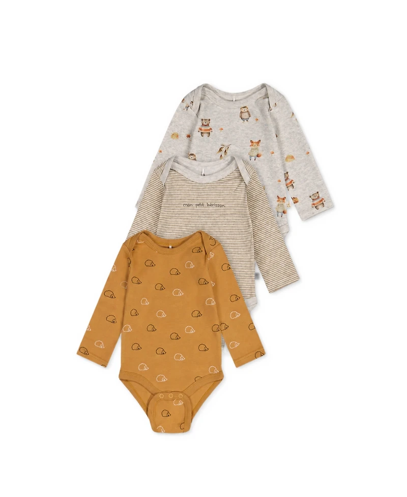 Deux par Baby Boys 3M-24M Three Pack Cotton Onesie Brown Printed Hedgehogs