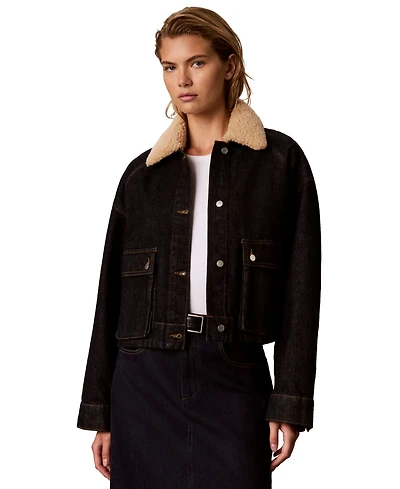 Calvin Klein Women's Cropped Shearling-Collar Denim Jacket