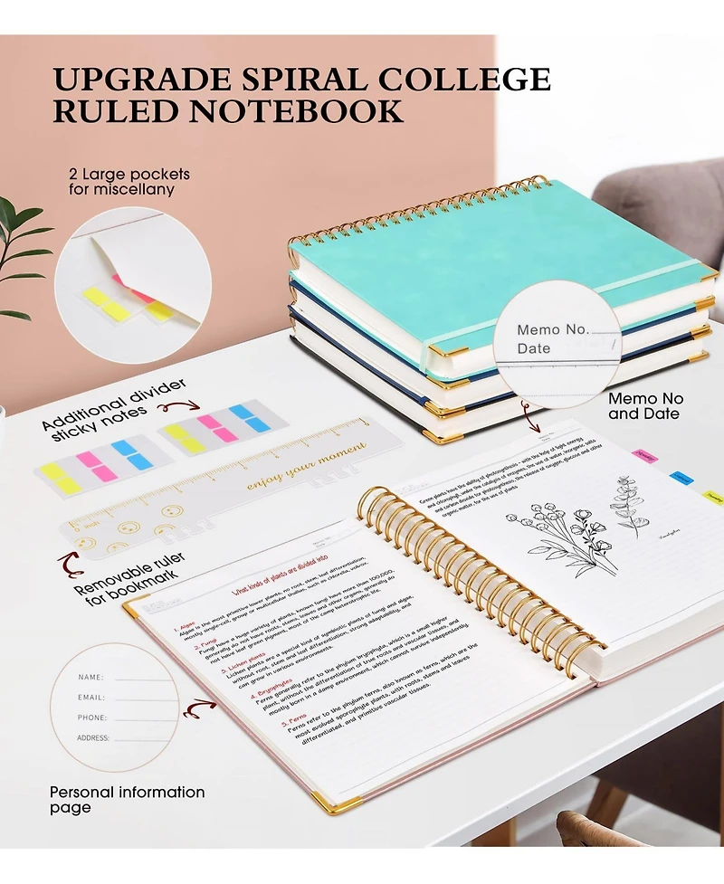 Danrong Spiral Notebook Hardcover Leather Lined Journals Thick Paper College Ruled With Closure Pocket