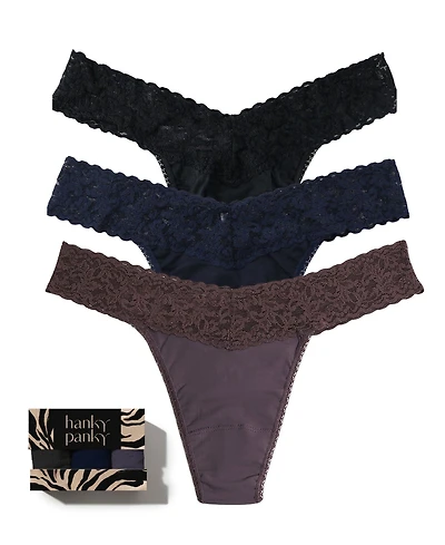Hanky Panky Supima Cotton-Blend Original Rise Lace-Trim Thong, 3-Pack