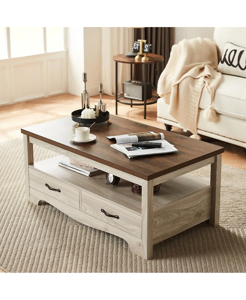 gaomon Farmhouse Coffee Table with 2 Drawers and Open Shelf Storage, Wood Rectangular Center for Living Room