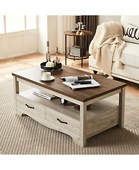 gaomon Farmhouse Coffee Table with 2 Drawers and Open Shelf Storage, Wood Rectangular Center for Living Room