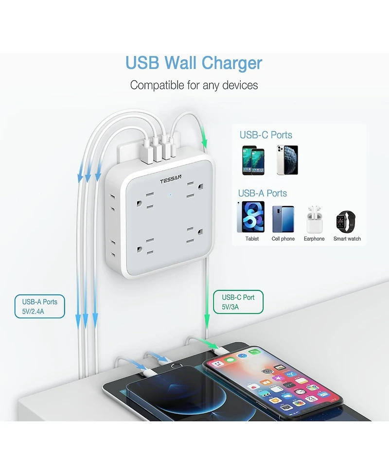 Tessan Wall Outlet Extender with 8 Ac Outlets and 4 Usb Ports