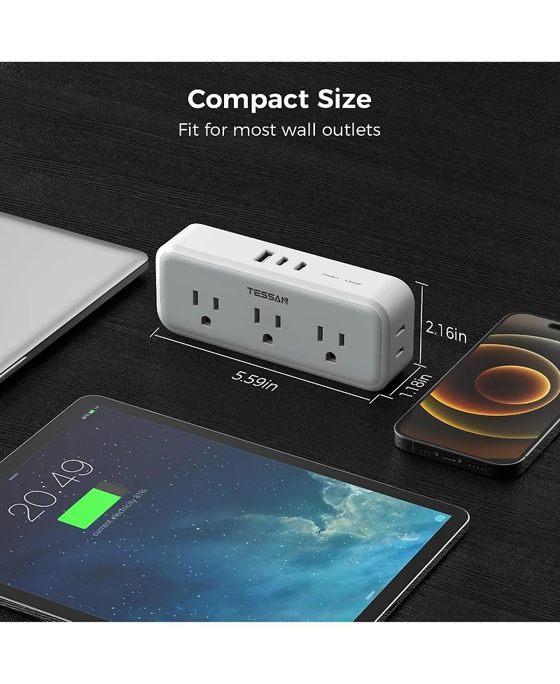 Tessan Wall Outlet Extender with 5 Ac Outlets and 3 Usb Ports