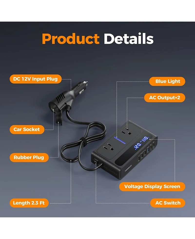 Tessan 200W 65W Usb-c 2 Ac Outlets Car Power Inverter
