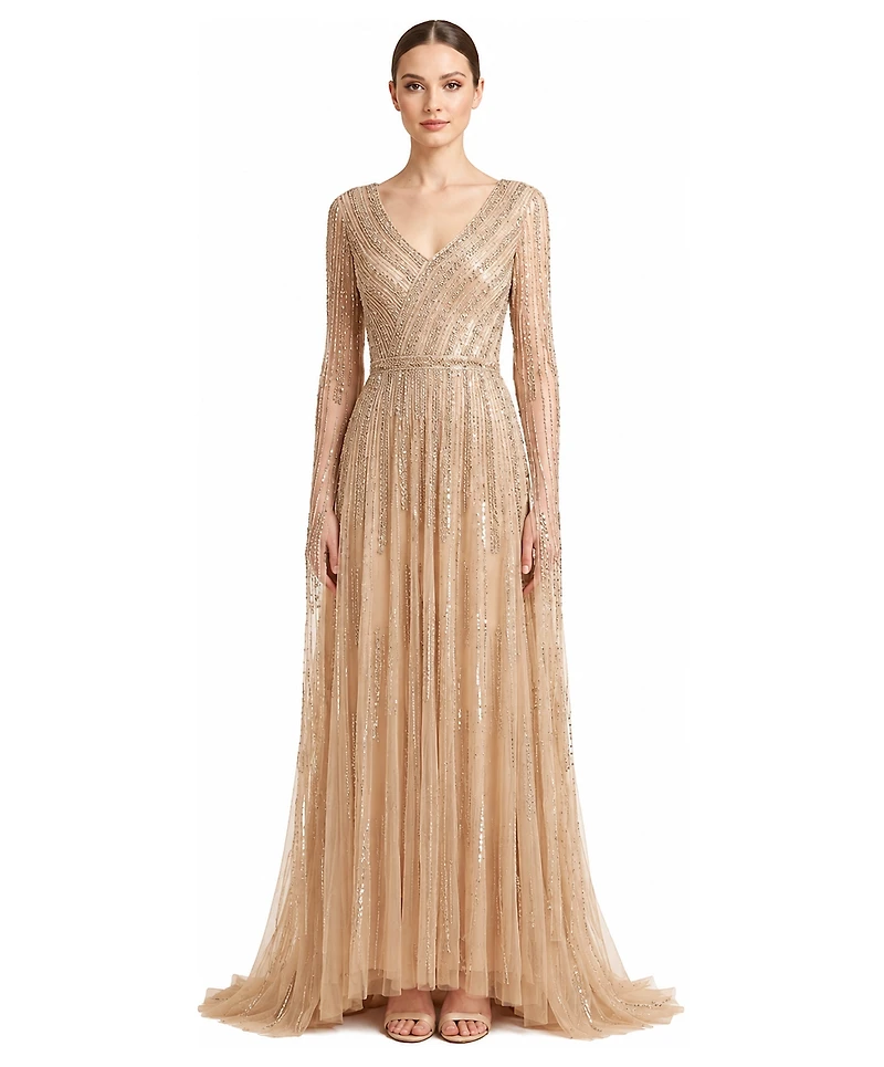 Lara Women's V-Neck Beaded Long Cape-Sleeve Dress