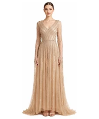 Lara Women's V-Neck Beaded Long Cape-Sleeve Dress