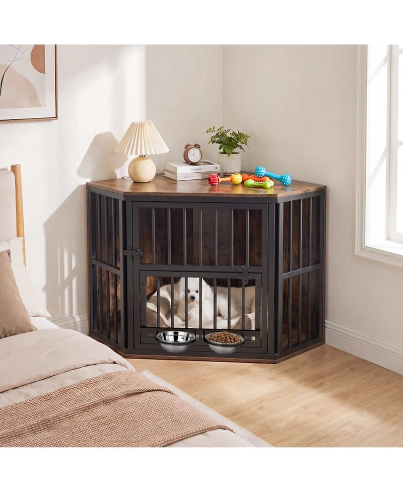 Sugift 35.5 in Wooden Dog Kennel End Table with 3-Position Dog Bowl Rack