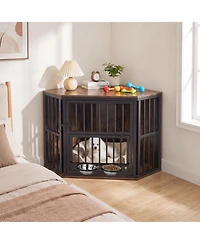 Sugift 35.5 in Wooden Dog Kennel End Table with 3-Position Dog Bowl Rack