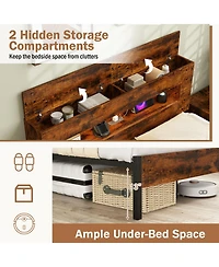Sugift Full Size Slatted Bed Frame with Led Lights Storage Headboard and Charging Station