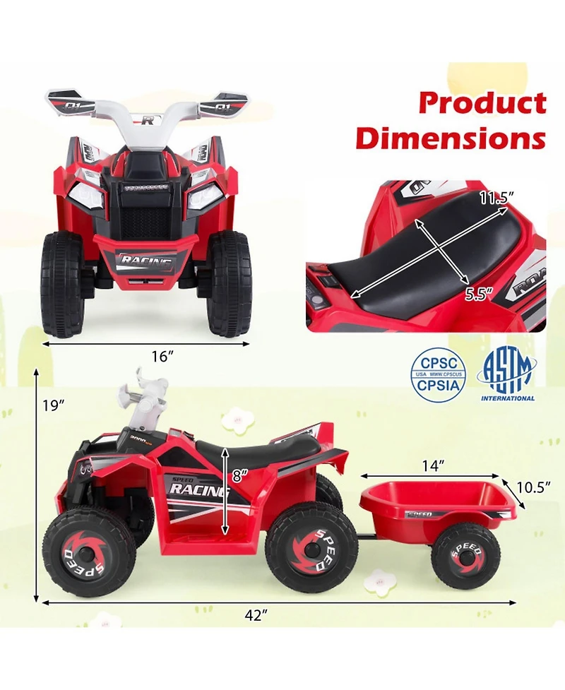 Sugift 6V Kids Atv Quad Car with Detachable Trailer Ride-On Toy, Ages 3+