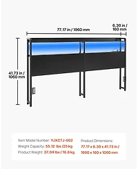 Sugift King Size Headboard with 2 Storage Shelves Led Light 3 Outlets 3 Usb Ports Adjustable Height