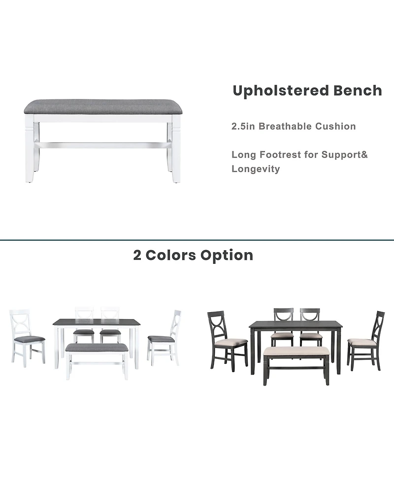 Boyel Living 6-Piece Wood Dining Table Set Kitchen Table Set with Upholstered Bench and 4 Dining Chairs, Farmhouse Style