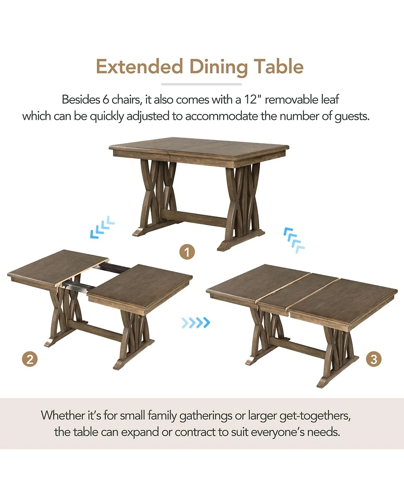 Boyel Living Mid-Century Solid Wood 7-Piece Dining Table Set Extendable Kitchen Table Set with Upholstered Chairs and 12" Leaf for 6