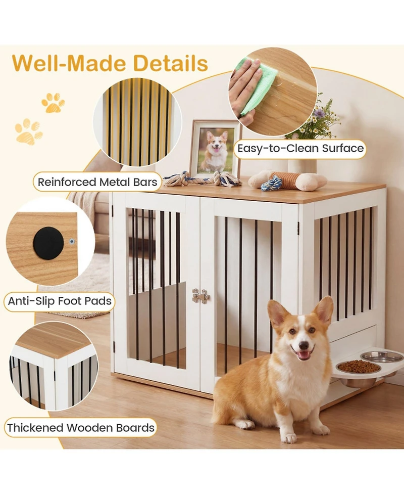 Hongge 31.5 in Wooden Dog Kennel End Table with Swivel Feeding Bowls