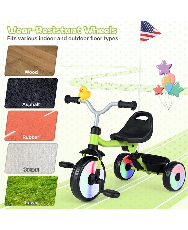 Hongge Toddler Tricycle with Adjustable Seat, Removable Pedals and Led Wheels, Ages 1-3
