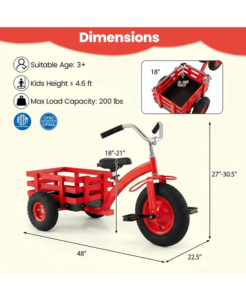 Hongge 3-Wheel Tricycle with Adjustable Seat & Rear Storage Basket, 15 in Inflatable Rubber Tires, Ages 3+