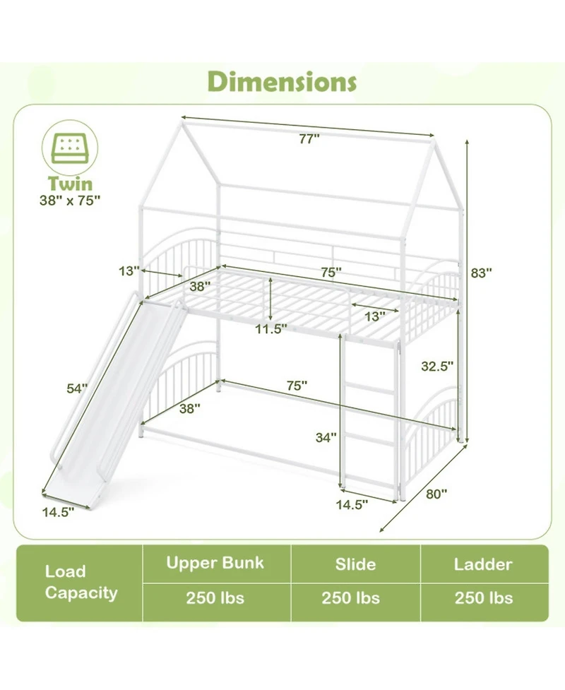 Sugift Twin-Over-Twin House Bunk Bed Frame with Metal Slats